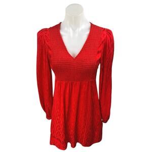 Maje Red Long Puff Sleeve V Neck Smocked Jacquard A Line Mini Dress Size L